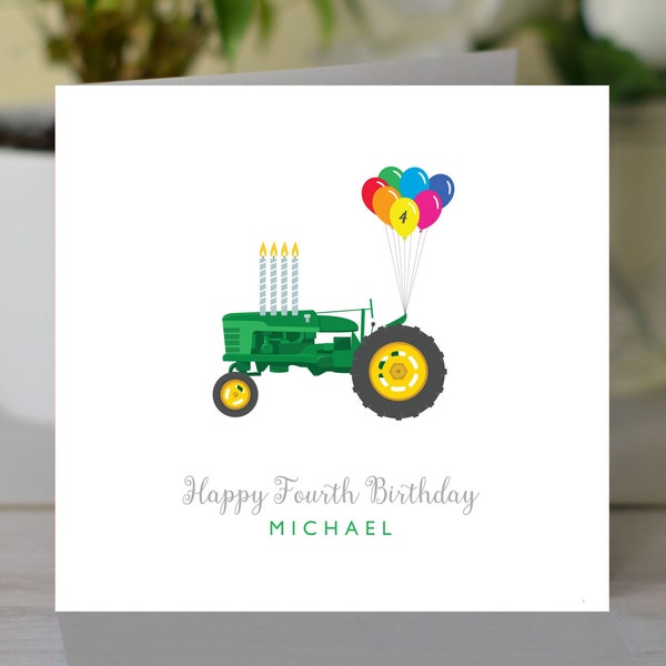 Personalised 4th Birthday card - Personalised Children's card - 4 year old today tractor card - grandson tractor card - 4 today tractor card