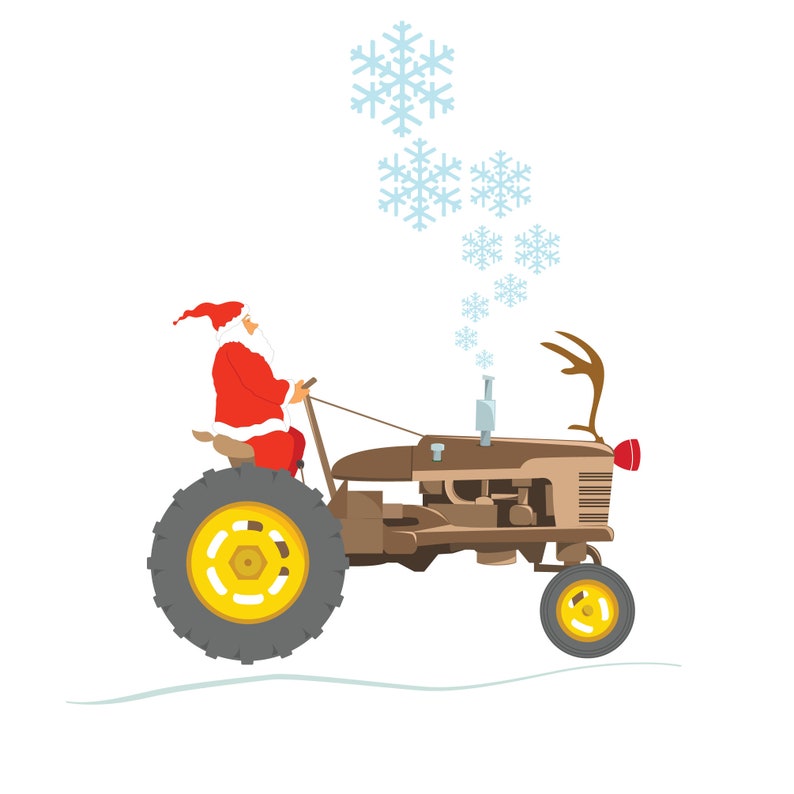 May include: An illustration of Santa Claus driving a brown tractor with yellow wheels. The tractor has reindeer antlers and is emitting snowflakes. Santa is in a red suit and hat. The background is white.