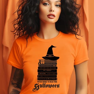Witch Books to Read this Halloween Unisex, orange or white t-shirt