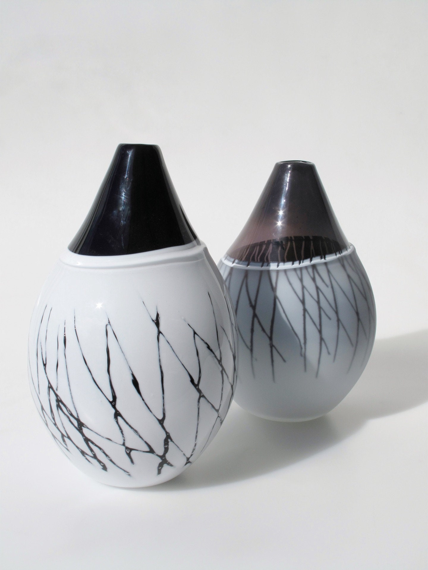 Monochrome Blown Glass Vases. linear Hand Blown and Engraved Glass