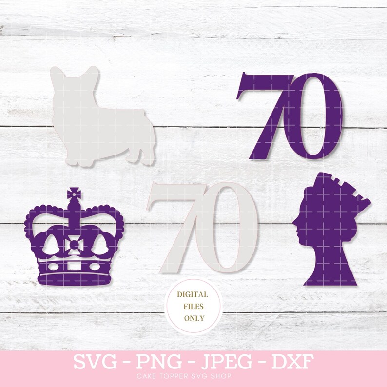 Queens's Jubilee 2022, Cupcake Toppers SVG, Platinum Jubilee Party Decorations, 70, Queen Silhouette, Corgi, Royal Crown SVG, PNG 