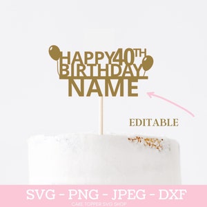 Feliz 40º aniversário, nome personalizado SVG, topo de bolo SVG, arquivo de corte de 40º aniversário