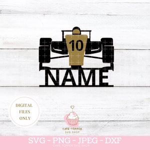 Raceauto verjaardag Formule 1 taart topper SVG aangepaste naam en leeftijd