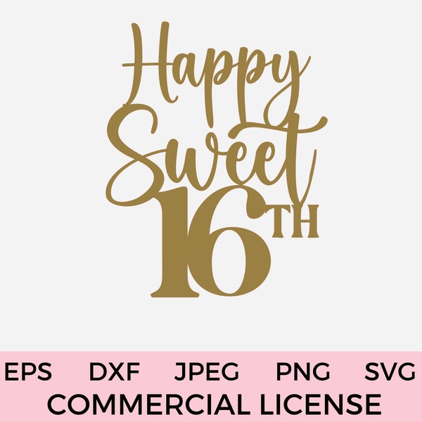 Sweet 16 Cake Topper SVG Happy Sweet 16th Birthday Cake Decoration Sweet 16th Party Decor Sweet Sixteen Birthday Sign SVG Commercial License