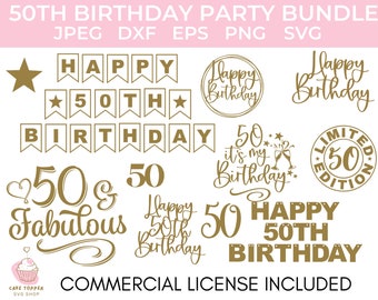 50th Birthday SVG Bundle  Cake Topper SVG  T- Shirt PNG  Pendant Banner   Happy 50th Birthday Banner svg with holes  Commercial License