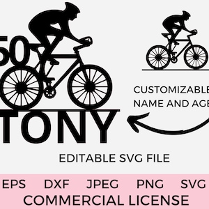 Topper de bolo de ciclismo SVG Topper de bolo de ciclista SVG bicicleta de estrada nome personalizado e idade aniversário masculino PNG, dxf, eps e jpeg incluídos