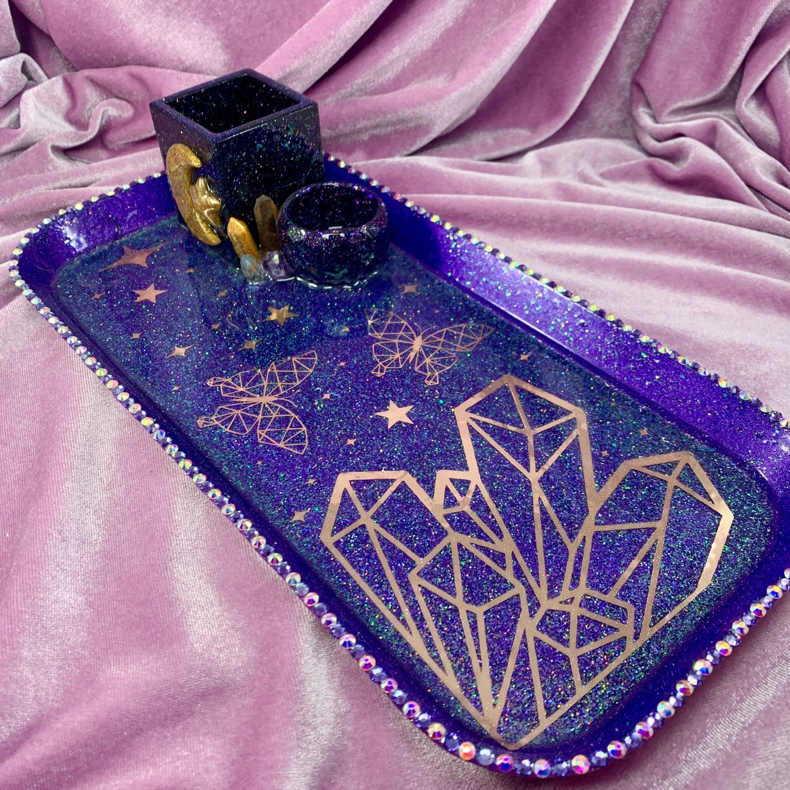 Vanity resin tray purple sparkly with rhinestones and real Etsy