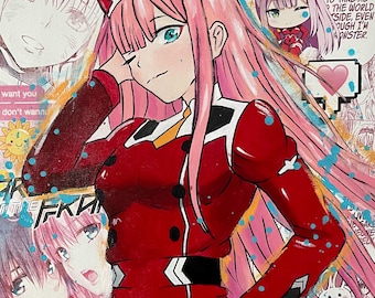 Modern schilderij, uniek manga-stuk in gemengde technieken op canvas.