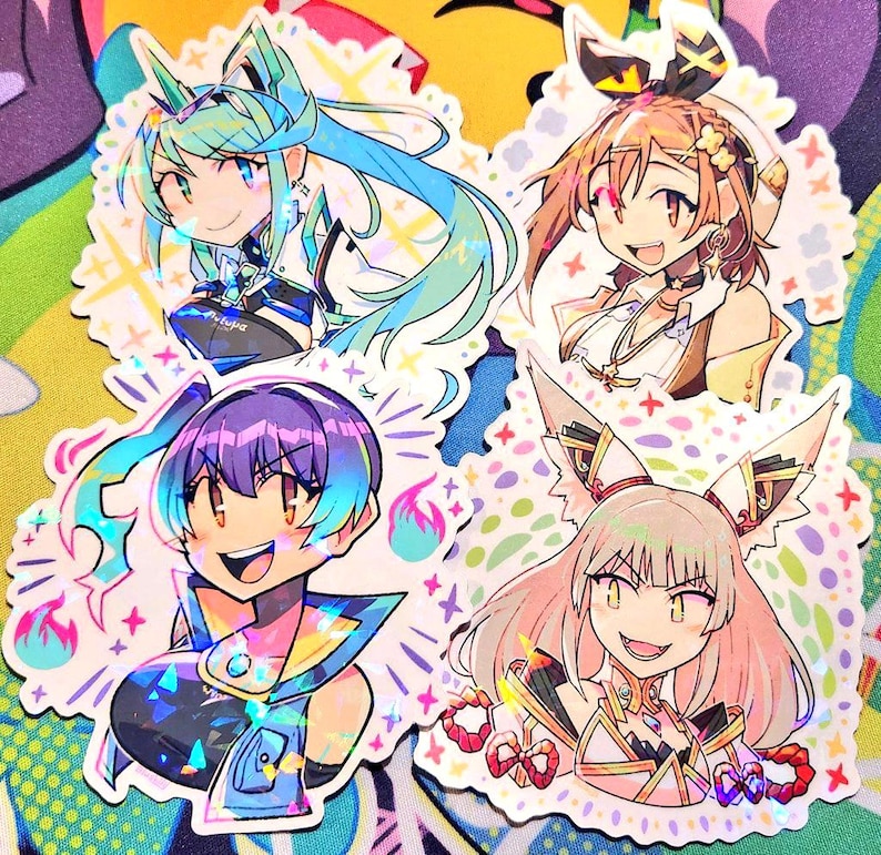 May include: Four holographic stickers featuring anime-style characters with vibrant hair and detailed outfits. Each sticker showcases a different character with unique designs and expressions, surrounded by decorative elements.