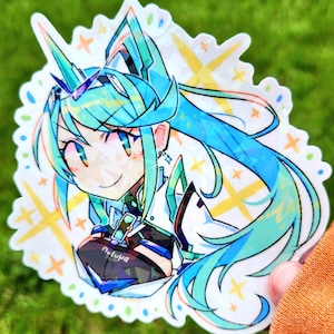 May include: A colorful sticker featuring an anime-style character with long, flowing blue hair and a futuristic design. The character has a smiling expression and is set against a white, scalloped background with starburst accents. The text "nyfupa" is visible.