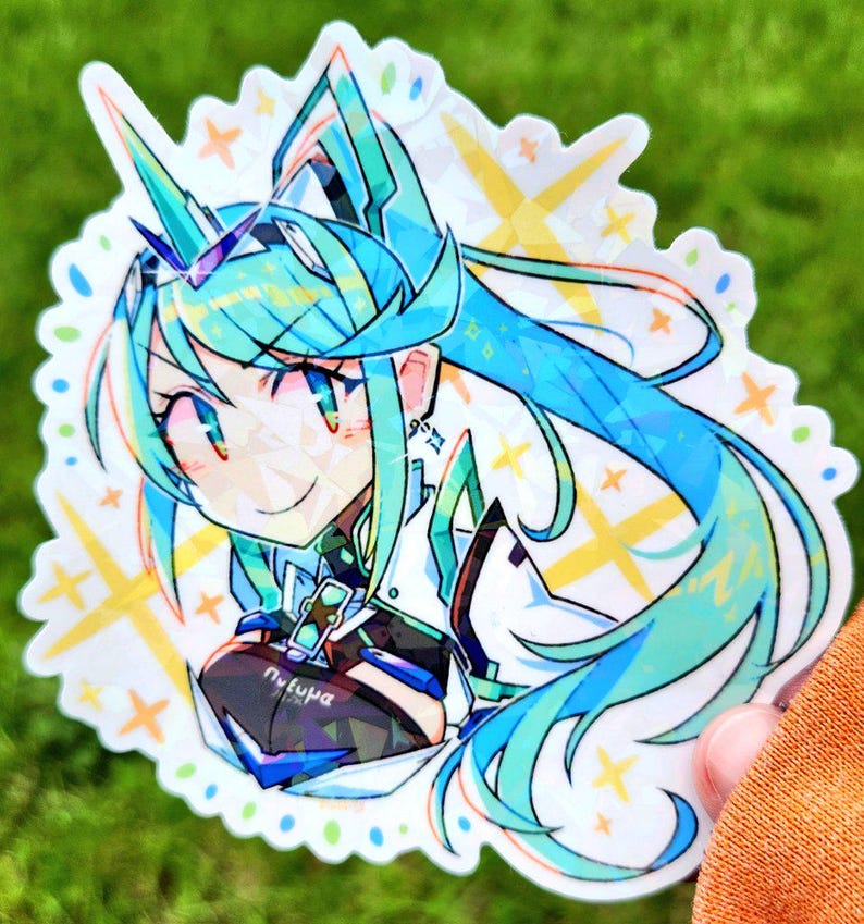 May include: A colorful sticker featuring an anime-style character with long, flowing blue hair and a futuristic design. The character has a smiling expression and is set against a white, scalloped background with starburst accents. The text "nyfupa" is visible.