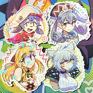 May include: Four holographic stickers featuring anime-style characters. The stickers showcase colorful illustrations of smiling characters with unique hairstyles and outfits. Each sticker has a white border and a decorative background.
