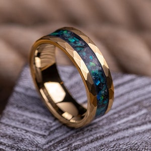 Yellow Gold Tungsten Carbide Meteorite Wedding Band, Glow In The Dark Green Opal & Tungsten Ring, Men's Yellow Gold Band, Meteorite Ring