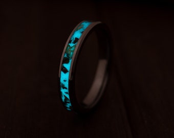 Tungsten Women's Blue Glow Ring, Tungsten Carbide Engagement Ring, 24k Gold, Anniversary Gift, Wedding Band for Women, Glow In The Dark,