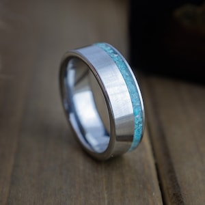 Tungsten ring, Turquoise ring, Turquoise tungsten ring, Offset Inlay Stone Ring, Men&#39;s wedding band, Women&#39;s wedding band, Unisex Band