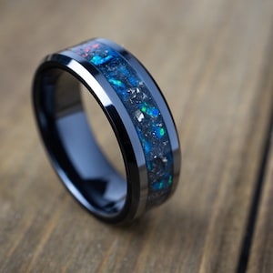 Black Ceramic Glow Wedding Ring, Authentic Meteorite Band, Blue Opal Glow Ring, Anniversary Gift, Men's Black Wedding Ring, Handmade 8mm