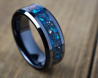 Black Ceramic Glow Wedding Ring, Authentic Meteorite Band, Blue Opal Glow Ring, Anniversary Gift, Men&#39;s Black Wedding Ring, Handmade 8mm