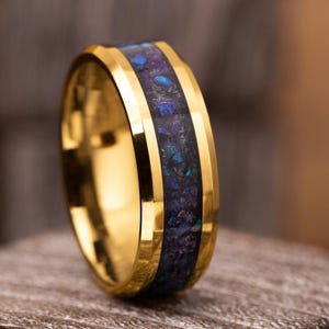 Smooth Yellow Gold Tungsten Carbide Wedding Band With Light Purple Opal & Meteorite Shavings, Unique Purple Glow Anniversary Ring For Him