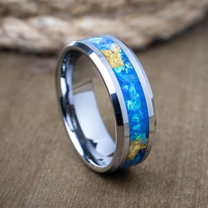 Galaxy Blue Opal 23k Yellow Gold Ring, Tungsten Carbide Opal Wedding Band, Authentic Gold Ring, Anniversary Ring, Opal Promise Ring, For Him