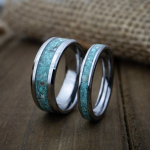 Tungsten ring set, Turquoise ring, 8mm 4mm Turquoise tungsten rings, Mens wedding band, Womens wedding band, Couples wedding ring set.