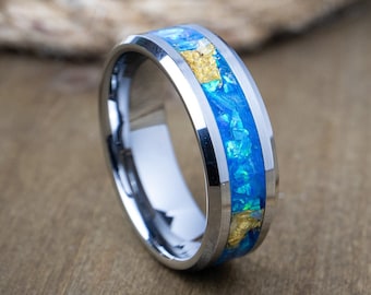 Anillo de carburo de tungsteno con ópalo azul: alianza de oro de 23 quilates