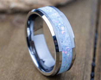 White Opal Tungsten Ring, Tungsten Carbide Wedding Ring, Men&#39;s Black Wedding Band, Colored Opal Ring, Anniversary Gift, For Him.
