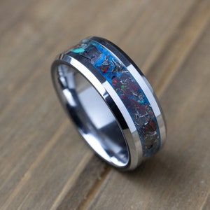 Blue Opal Meteorite Wedding Ring, Silver Tungsten Carbide Wedding Band, Authentic Meteorite Ring, Blue Ring, Red Opal Wedding Band, Gift