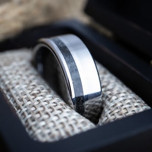 Tungsten Carbide Obsidian Wedding Band, Offset Inlay Mens Wedding Ring, Obsidian Stone Ring, Mens Black Ring, Anniversary Gift, Promise Ring