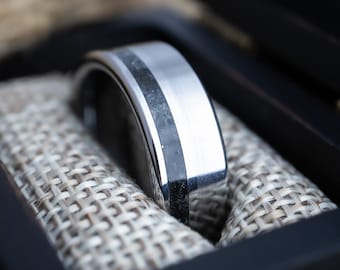 Tungsten Carbide Obsidian Wedding Band, Offset Inlay Mens Wedding Ring, Obsidian Stone Ring, Mens Black Ring, Anniversary Gift, Promise Ring