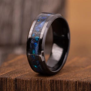 Black Ceramic Meteorite Blue Opal Wedding Ring, Deep Blue Glow In The Dark Band, Muonionalusta Meteorite Anniversary Ring