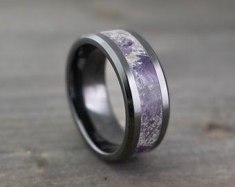 Black Ceramic Wedding Band: Crushed Amethyst Stone Ring, Unisex