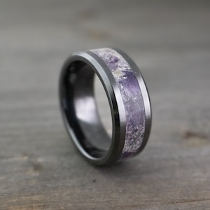 Black ceramic amethyst wedding band, Unisex black ceramic wedding band, Anniversary gift, amethyst stone ring, mens stone wedding ring.