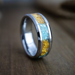 Tungsten ring, 24k Gold wedding band, Turquoise band, Turquoise tungsten ring, Mens wedding Band, Him & Her, Anniversary gift, Promise ring