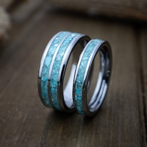Duel inlay turquoise ring set, Turquoise ring, 8mm 4mm tungsten rings, Mens wedding band, Womens wedding band, Couples wedding ring set.