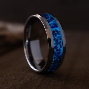 Purple Opal Tungsten Glow Ring, Tungsten Carbide Wedding Ring, Men&#39;s Wedding Band, Colored Opal Ring, Glowing Wedding Band for Men & Women