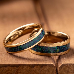 Hammered Gold Plated Tungsten Couple Set, Green Opal Tungsten Carbide Rings, Yellow Gold Tungsten Rings, Men&#39;s Women&#39;s Tungsten Gold Rings