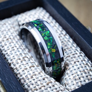 Green Opal Tungsten Ring, Tungsten Carbide Wedding Ring, Men&#39;s Black Wedding Band, Green Blue Opal Ring, Anniversary Gift, For Him.