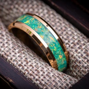 Yellow Gold Tungsten Carbide Wedding Ring For Men, Hammered Gold Mens Ring, Green Opal Tungsten Band, Gold Tungsten Ring, Opal & Gold Ring
