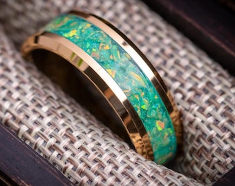 Yellow Gold Tungsten Carbide Wedding Ring For Men, Hammered Gold Mens Ring, Green Opal Tungsten Band, Gold Tungsten Ring, Opal & Gold Ring