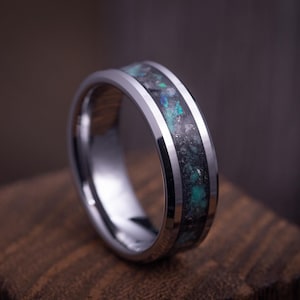 Tungsten Carbide Green Opal Glow Wedding Ring, Authentic Meteorite Band, Green Opal Ring, Anniversary Gift, Men&#39;s Wedding Ring, Handmade 8mm