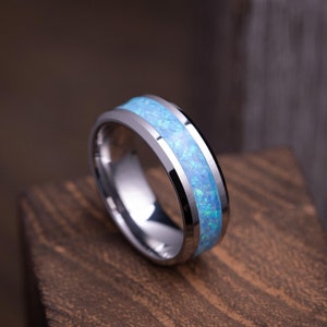 Light Blue Opal Tungsten Ring, Men&#39;s Blue Opal Ring, Unique Wedding Band, Anniversary Gift For Man & Woman, Tungsten Ring For Men And Woman