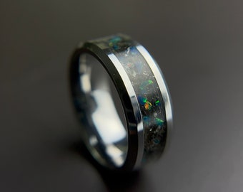 Tungsten ring, Deep Space Ring, Meteorite Tungsten Ring, Opal Wedding Ring, Mens Wedding Band, Tungsten Wedding Ring, Handmade Ring, For Him