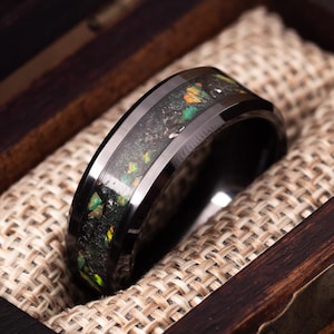 Black Ceramic Wedding Ring, Muonionalusta Meteorite, Green Opal Glow