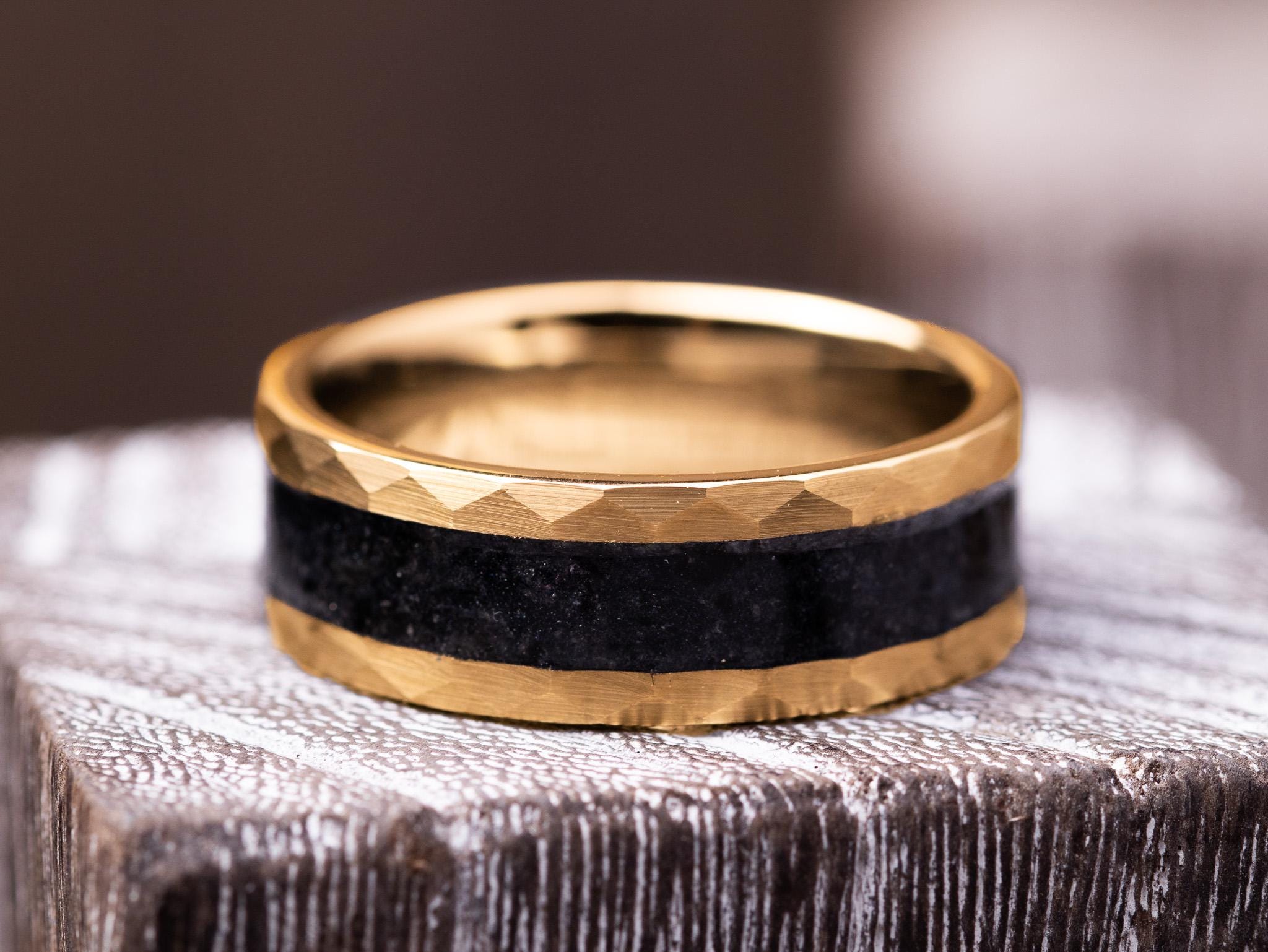 Yellow Gold Tungsten Obsidian Wedding Band, Men's Black & Gold Ring, Obsidian Wedding Ring For Men, Hammered Gold Ring, Unique Anniversary