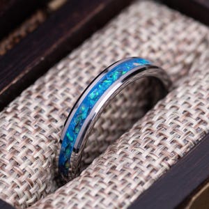 Women's Blue Opal Tungsten Wedding Ring, Handmade Tungsten Carbide Women's Wedding Band, 4mm Polished Tungsten Ring, Anniversary Gift