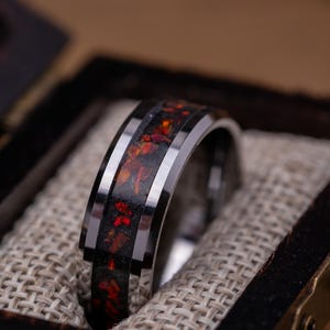 Red Opal Tungsten Carbide Wedding band, Black & Red Inlay Wedding Ring, Men's Red Opal Tungsten Ring, Unique Anniversary Gift, Gift For Him