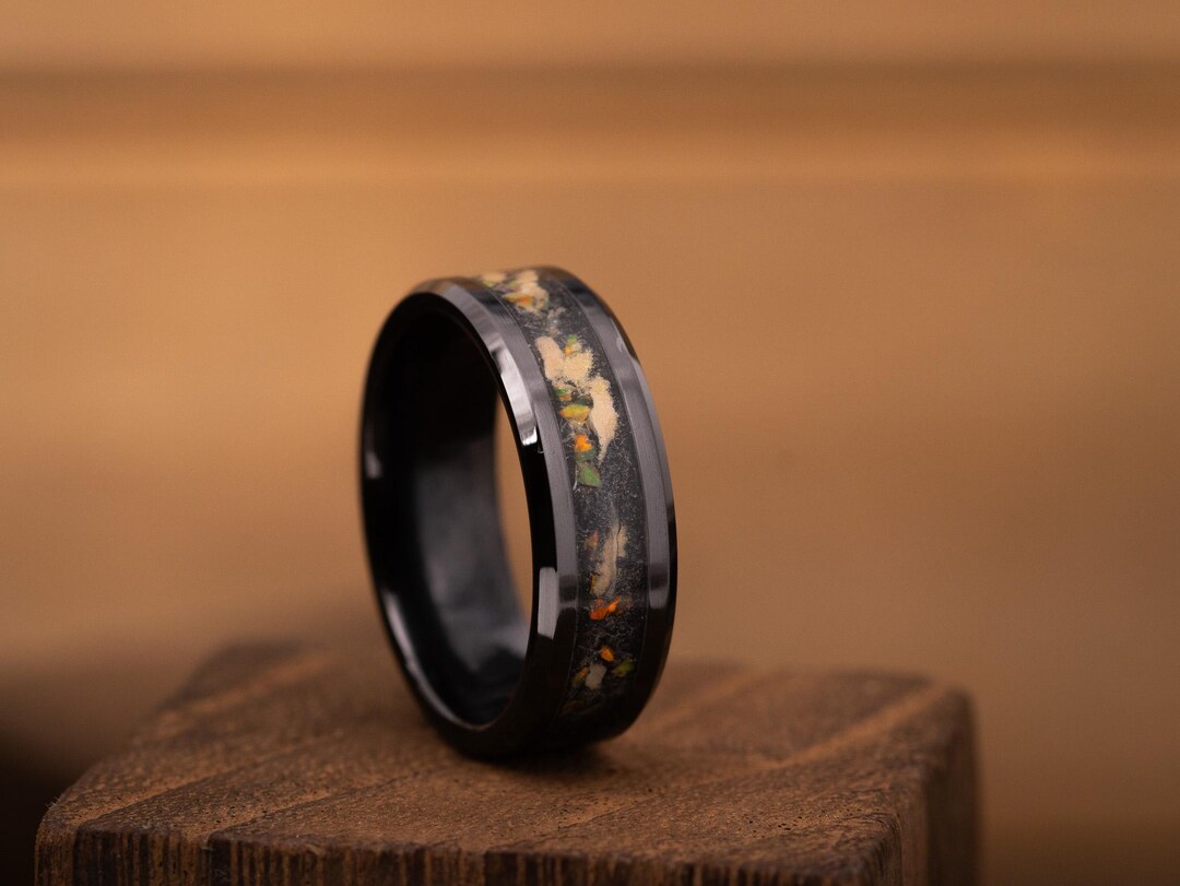 Ring Tan Black Ceramic Men's Ring With Desert Tan Opal, Anniversary Ring With ...