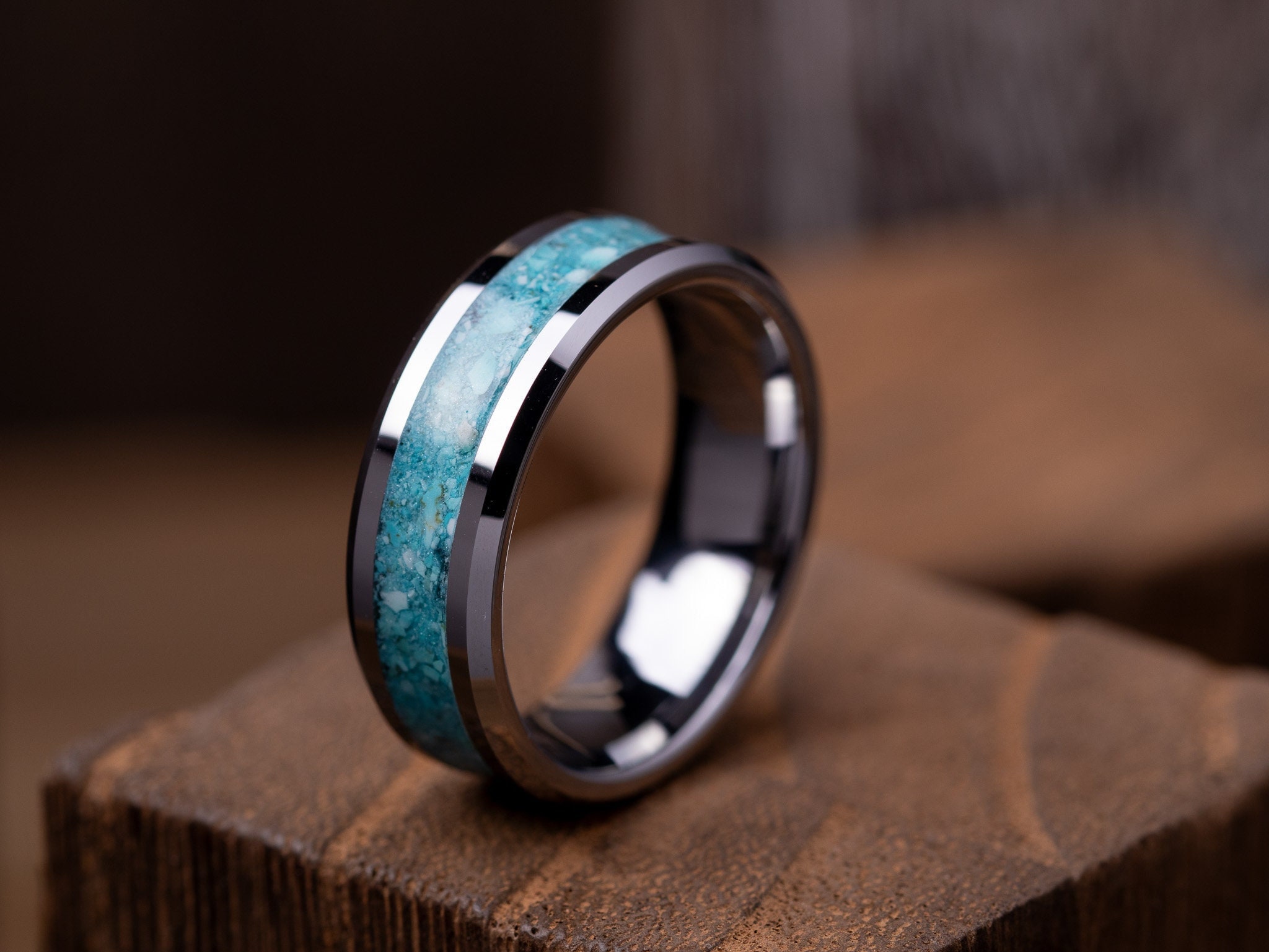Turquoise Tungsten Carbide Ring, Handmade Wedding Band, Mens