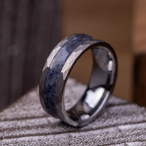 Sapphire Tungsten Carbide Wedding Band, Hammered Tungsten Ring For Men, Unique Anniversary or Wedding Gift, Sapphire Ring For Men