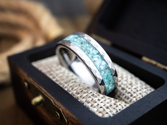 Tungsten ring, Hammered Turquoise ring, Turquoise tungsten ring, Mens  wedding band, Womens wedding band, Hammered Tungsten Wedding Band